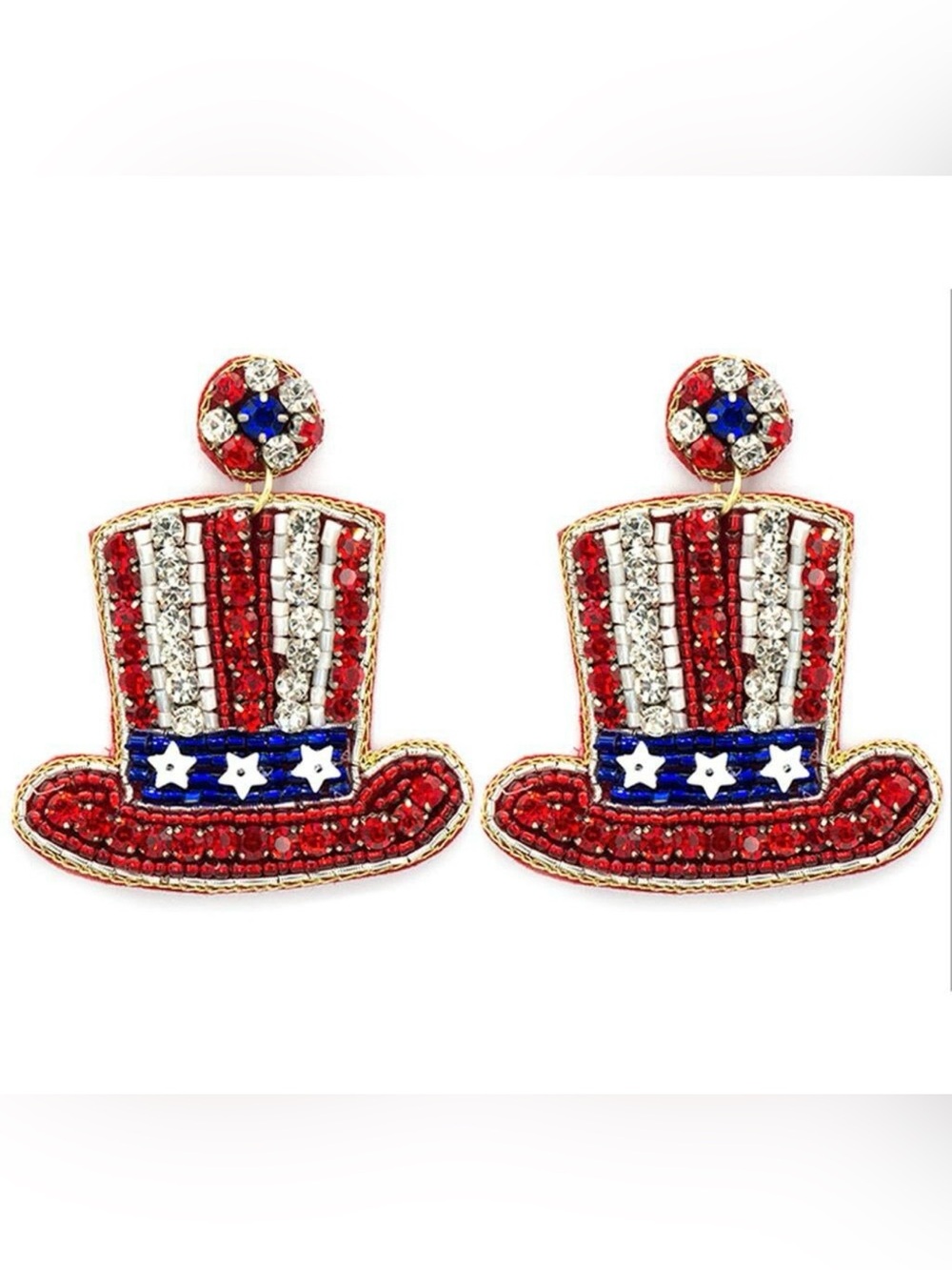 Patriotic Beaded Top Hat Earrings - Red, White & Blue